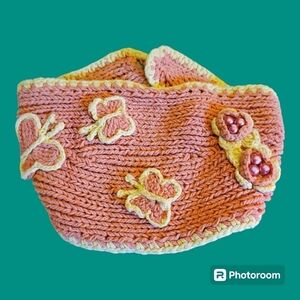 Vintage Crochet Fairycore Floral Butterfly Button Salmon Headband Wrap